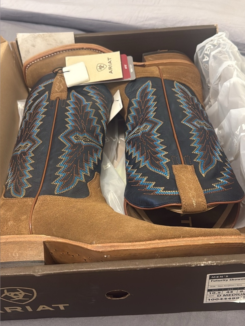 Ariat Tan Suede & Navy Western Boots with Blue Embroidery